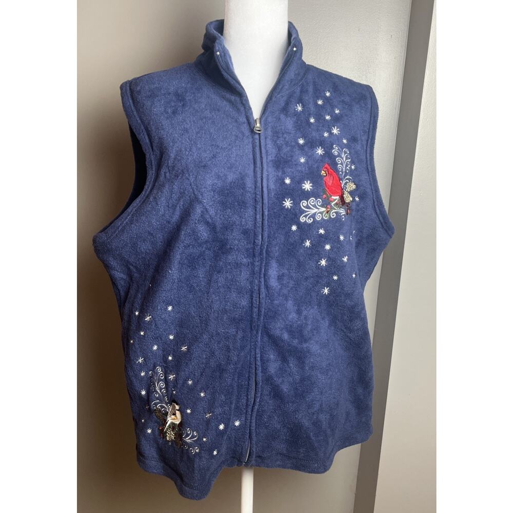 Baxter & Wells Large Fleece Vest Birds Snow Embroidered Cottagecore Grandmacore